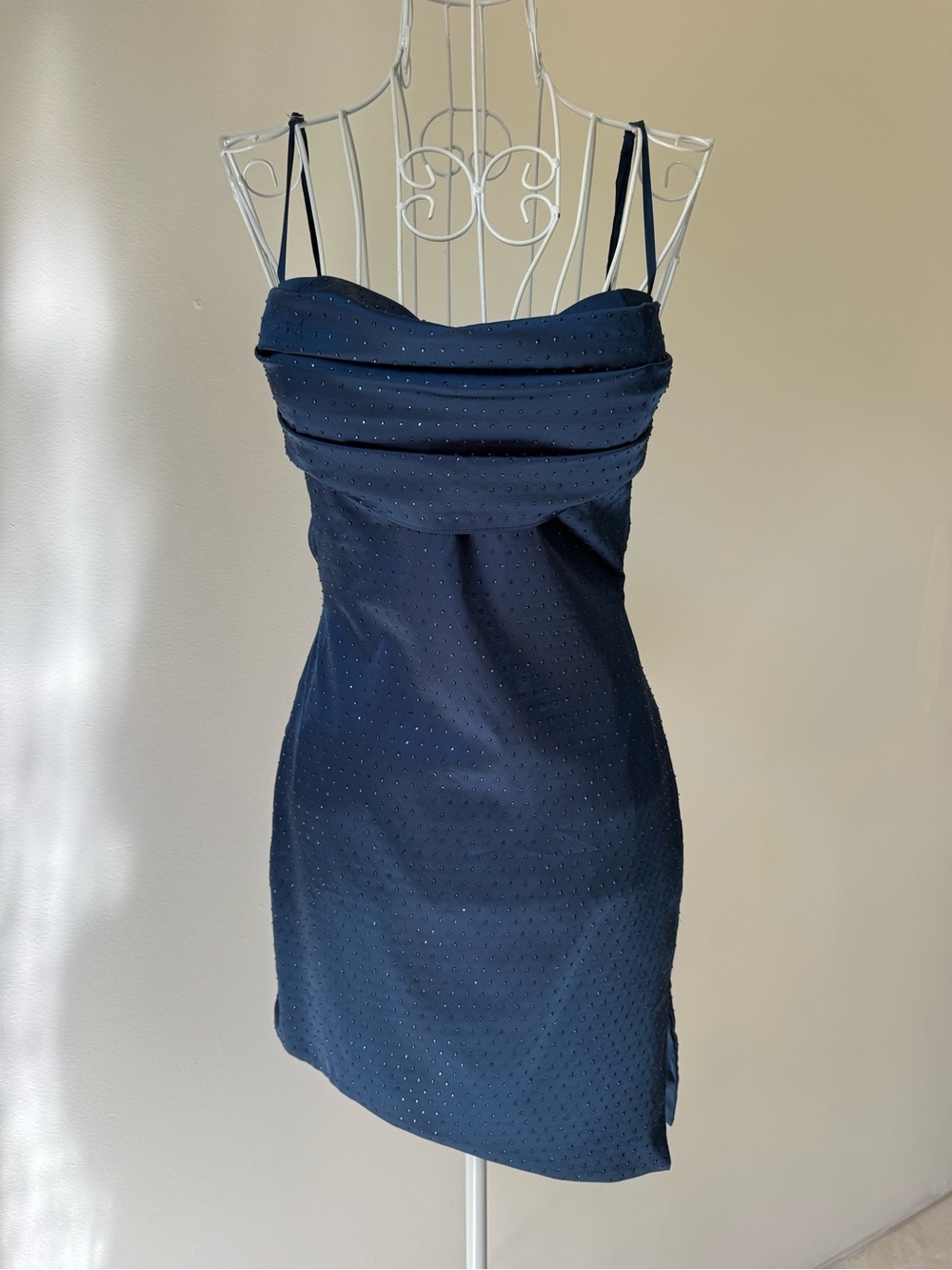 Oh Polly Navy Blue Rhinestone Cutout Mini Dress Cowl Neck Bodycon US 4